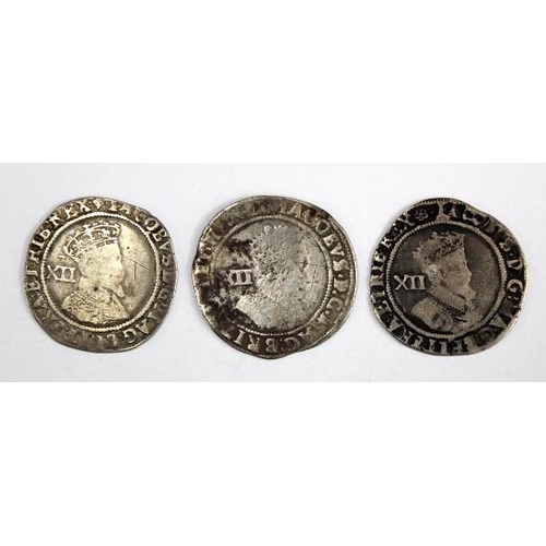 2142 - James I Shillings (3): Second Coinage, third bust mm. Lis S.2654 aF, scratched; fourth bust mm. Rose... 