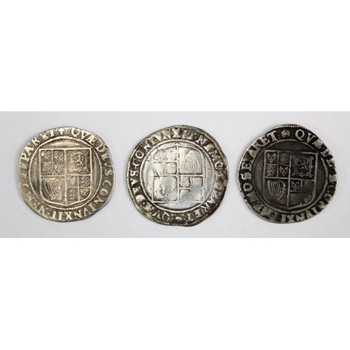 2142 - James I Shillings (3): Second Coinage, third bust mm. Lis S.2654 aF, scratched; fourth bust mm. Rose... 