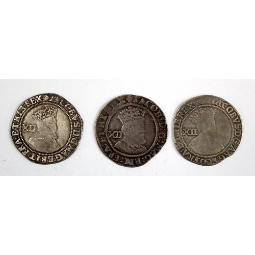 2143 - James I silver Shillings (3): First Coinage, second bust mm. Thistle S.2646 Fair; Second Coinage, fo... 