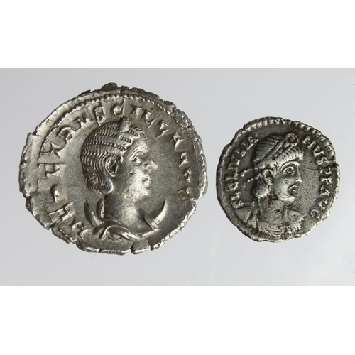 2158 - Roman Imperial (2) silver: Herennia Etruscilla Antoninianus, Pudicitia type RIC 58-59, 3.78g, EF; al... 