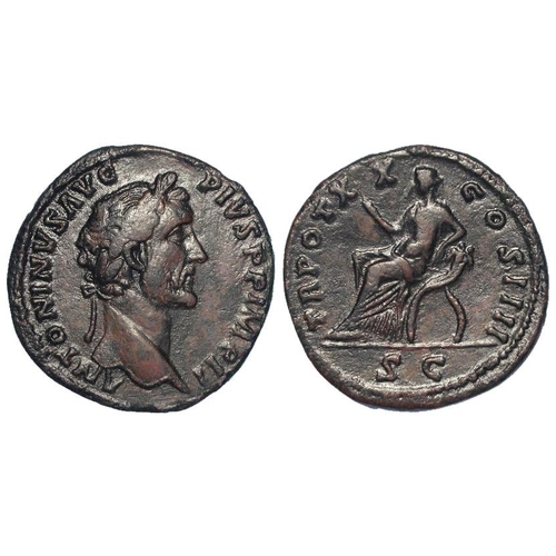 2163 - Roman Imperial: Antoninus Pius brass Sestertius, Rome Mint 156-7 AD. Rev: TR POT XX COS IIII SC. Jus... 
