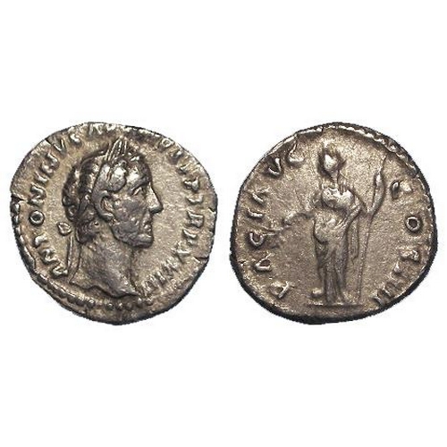 2164 - Roman Imperial: Antoninus Pius silver Denarius, Rome Mint 159-160 AD. Rev: PACI AVG COS IIII. Pax st... 