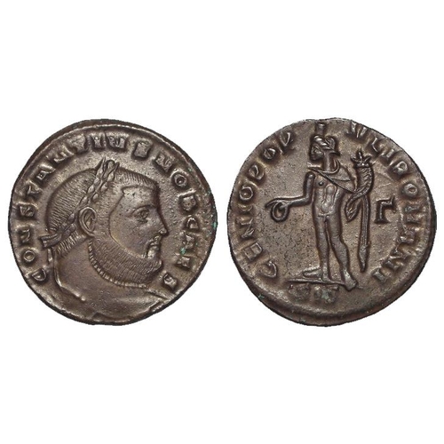 2166 - Roman Imperial: Constantius I Caesar billon Follis, Siscia Mint 299 AD, Genius stg. l., S.14055, nEF