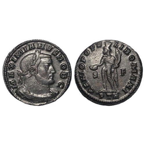 2168 - Roman Imperial: Galerius Caesar billon Follis, Trier Mint 303-5 AD, Genius stg. l., S.14349, EF