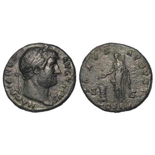 2169 - Roman Imperial: Hadrian copper As, Rome Mint 126 AD. Rev: SALVS AVGVSTI COS III SC, Salus stg. l. fe... 