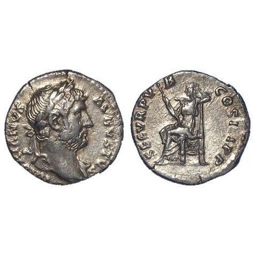 2170 - Roman Imperial: Hadrian silver Denarius, Rome Mint, 130-131 AD. Rev: SECVR PVB COS III SC, Securitas... 