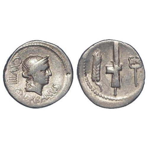 2186 - Roman Republican: C. Norbanus silver Denarius 83 BC. Hd. of Venus r. / Ear of corn, fasces with axe ... 