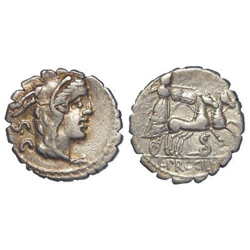 2187 - Roman Republican: L. Procilius L.f. silver Denarius Serratus 80 BC. Hd. of Juno Sospita r. clad in g... 