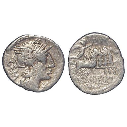 2188 - Roman Republican: M. Aburius M.f. Geminus silver Denarius 132 BC. Hmtd. hd. of Roma r. / Sol in quad... 