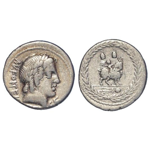 2190 - Roman Republican: Mn. Fonteius C.f. silver Denarius 85 BC. Laur. hd. of Apollo r. / Cupid seated on ... 