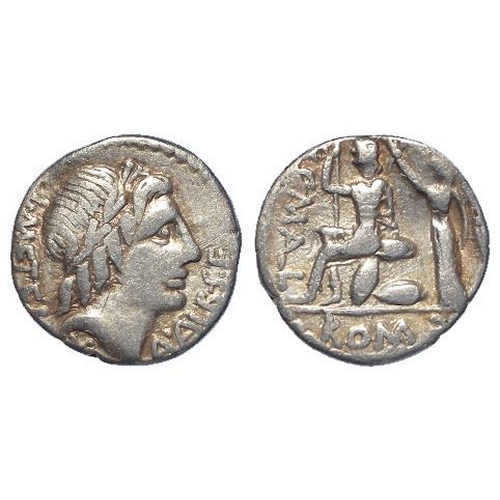 2191 - Roman Republican: P. Malleolus, A. Albinus and L. Metellus silver Denarius 96 BC. Laur. hd. of Apoll... 