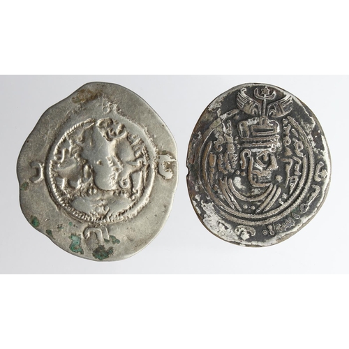 2193 - Sasanian Silver Drachms (2): Nihavend Mint, Year 35 = 566-7 AD along with Arab-Sasanian debased of S... 