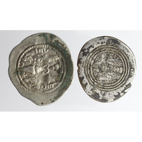 2193 - Sasanian Silver Drachms (2): Nihavend Mint, Year 35 = 566-7 AD along with Arab-Sasanian debased of S... 