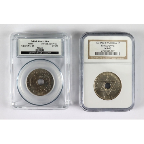 2206 - British West Africa 2x slabbed Pennies 1936 (Edward VIII): NGC MS66, and CGS UK UNC 85 (out of 100)