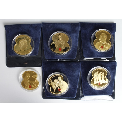 2208 - Channel Islands - Jersey & Guernsey 6x commemorative gilt-copper proof poppy-shaped £5 coins 2011 fo... 