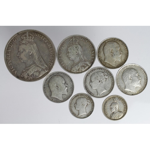 2230 - GB & World Silver (8) mostly GB Victorian to Edward VII, Crown 1889 to Sixpence 1868 dn13, mixed gra... 