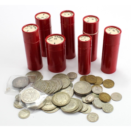 2245 - GB Coins: 3x 'red tubes' BU 1966 Halfpennies (1x 50 coins, 2x 49) 148 coins total; 18x pre-47 silver... 