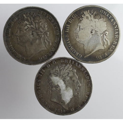 2264 - GB Crowns (3): 1819 LIX Fine with remnants of a sticker and scratches obv., 1821 Secundo Fair, and d... 