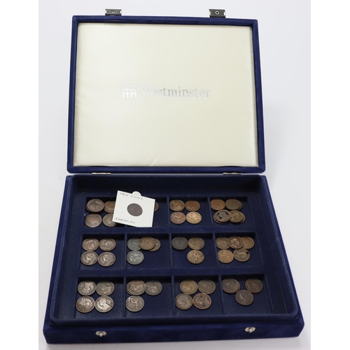 2276 - GB Farthings (60) a collection from Charles II to George V, housed in a Westminster case, noted 1865... 