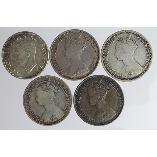 2282 - GB Florins (5) Gothics: 1855 Fair, 1857 GF, 1858 VF, 1877 dn63, 42 arcs S.3895 VG; and 1945 GVF