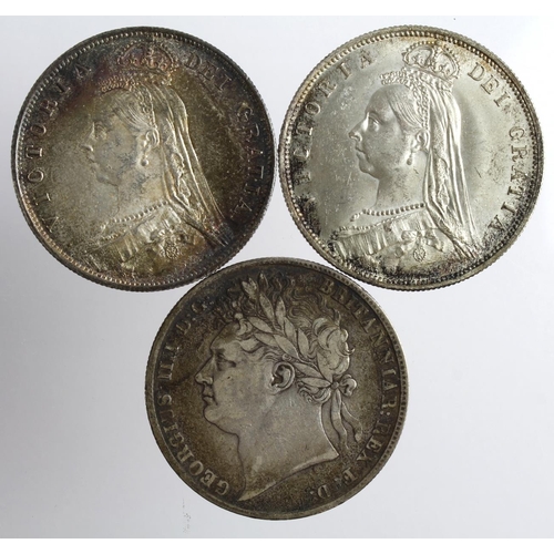 2287 - GB Halfcrowns (3): 1820 GIV 'garnished shield' Fine, 1887 Jubilee lightly toned AU, and ditto also h... 