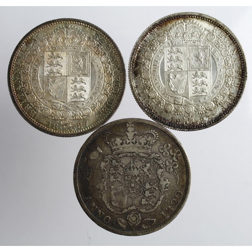 2287 - GB Halfcrowns (3): 1820 GIV 'garnished shield' Fine, 1887 Jubilee lightly toned AU, and ditto also h... 