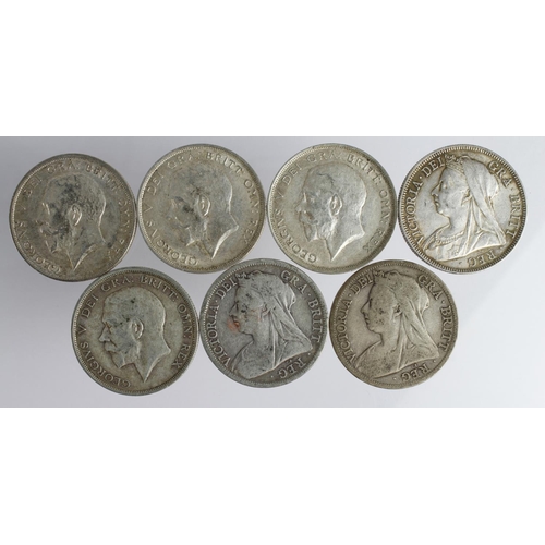 2294 - GB Halfcrowns (7): 1896 Fair, 1898 GVF, 1899 Fine, 1915 Fine, 1915 GVF, 1915 VF, and 1917 VF