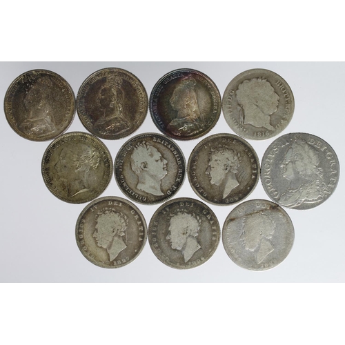 2339 - GB Shillings (11): 1758 Fine, 1816 poor, 2x 1826 poor-fair, 2x 1827 fair-VG scratches, 1834 nF, 1884... 