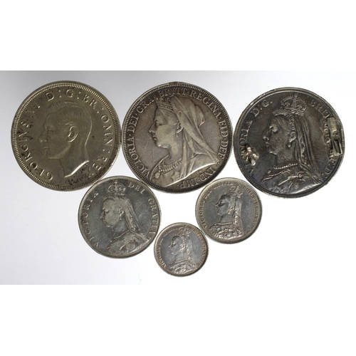 2345 - GB Silver Coins (6) 1887-1937 Crowns to Sixpences, GF to nEF, the 1892 Crown is ex-mount.