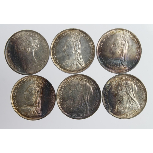 2350 - GB Silver Threepences (6) Queen Victoria: 1886 EF, 1887 Jubilee x3 toned GEF-UNC, 1899 EF, and 1900 ... 