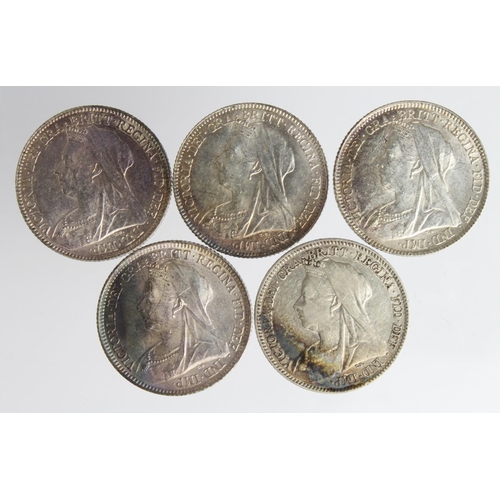 2357 - GB Sixpences (5) Queen Victoria veiled head: 1893 AU scratched, 1896 EF, 1897 GF, 1897 GEF, and 1898... 