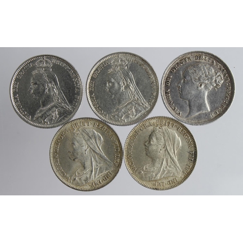 2358 - GB Sixpences (5) Queen Victoria: 1887 young head GVF, 1888 nEF, 1889 cleaned nEF, and 2x 1899 EF