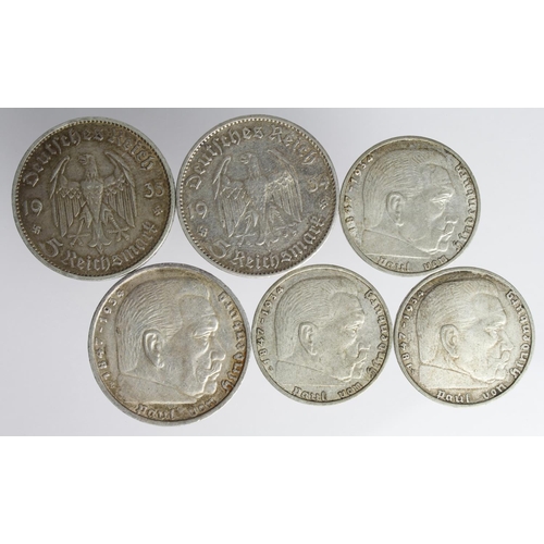 2376 - Germany (6) Third Reich silver coins, 3x 5 and 3x 2 Reichsmark, mixed grade.