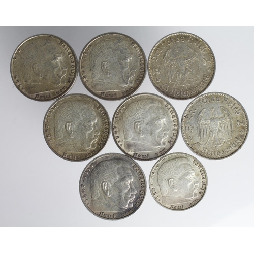 2377 - Germany (7) Third Reich silver 5 Marks x7, and one 2 Mark, mixed grade.