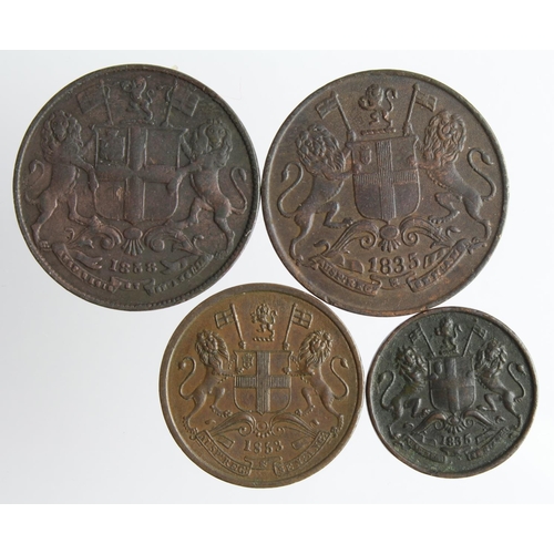 2385 - India (4) East India Company copper: One Quarter Anna 1835 VF+, 1858 GF; 1/2 Pice 1853 GVF, and 1/12... 