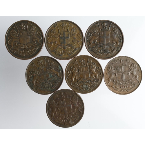 2387 - India (7) East India Company copper 1/4 Annas: 5x 1835, and 2x 1858; F to EF trace lustre.