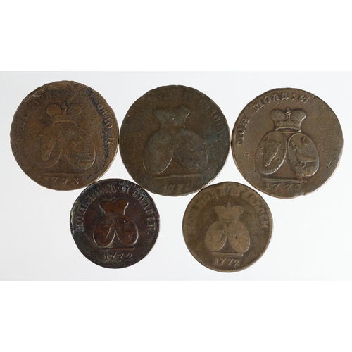 2395 - Moldavia & Wallachia 18thC bronze coins (5): 3x 2 Para-3 Kopeck 1772, 73 and 74; along with 2x 3 Den... 