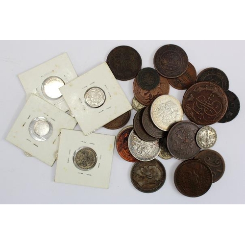 2400 - Russia (28) silver and copper coins, 18th-20thC, noted silver 5 Kopeks 1815 cnb EF, 10 Kopeks 1899 c... 