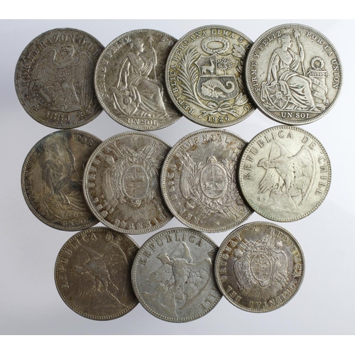 2405 - South American Silver (11) 19th-20thC: Chile Pesos: 1880 GVF, 1895 Fine, 1895 GVF-nEF, 1905 GF; Peru... 