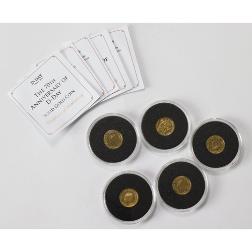 2410 - Tristan Da Cunha gold Crowns (5) all 1g of 9ct gold. Prooflike in hard plastic capsules