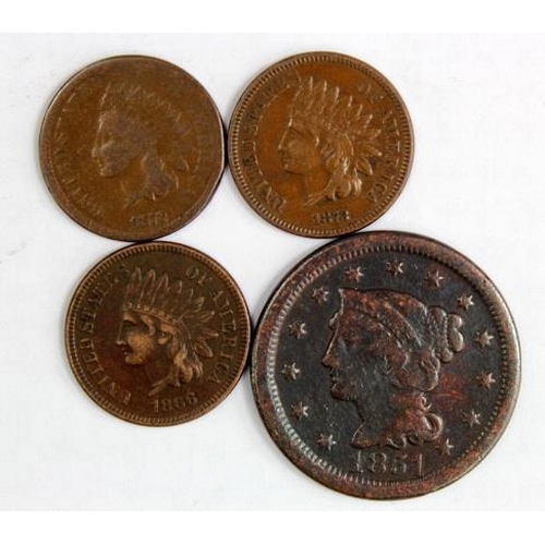 2414 - USA Cents (4): 1851 Good, Indian Heads: 1866 VF, a little corrosion, 1872 Good, and 1873 open 3 VF