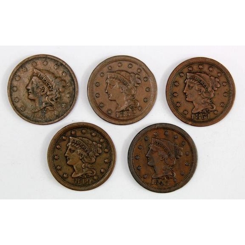 2415 - USA Large Cents (5): 1835 VG, 1843 mature VF edge knock, 1849 GF, 1851 GF, and 1852 VF edge knock.