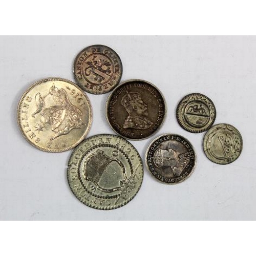 2421 - World Coins (7) Australia: Shilling 1916M EF, Sixpence 1910 laquered VF, and Threepence 1910 GVF; Sw... 