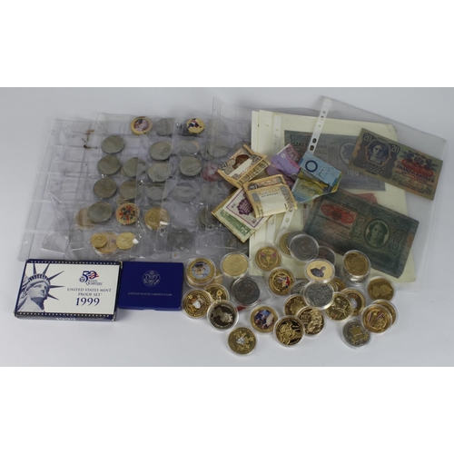 2431 - World Coins; mainly cupro-nickel or gilt copper Crowns, some banknotes and a couple of USA sets.