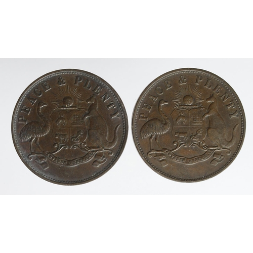 609 - Australian Tokens (2): Melbourne 'Peace & Plenty' Pennies 1858, KM# Tn285.1, VF with some faint ink ... 