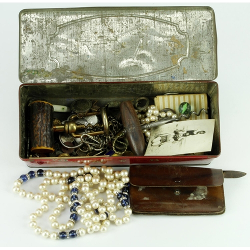 664 - Old tin with various medals / badges, and collectables.  (Qty)