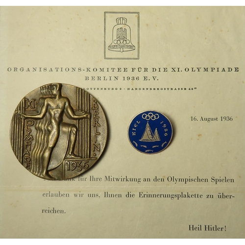 665 - Olympic Participation Medal & Badge for the Berlin Olympics 1936. Medal bronze d.69mm, the official ... 