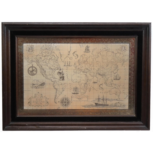 669 - Royal Geographical Society silver hallmarked world map (glazed & framed) hallmark for 1977.  (70cm x... 