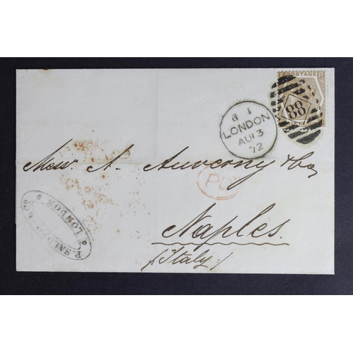 67 - GB 1872 wrapper to Naples Italy stamped 6d chestnut Plate 11 SG.122a with London 88 duplex postmark.