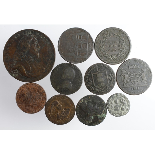 689 - Tokens etc (10) mostly 18th-19thC, Fair to VF, plus a medieval lead fleur-de-lis token, and a commem... 